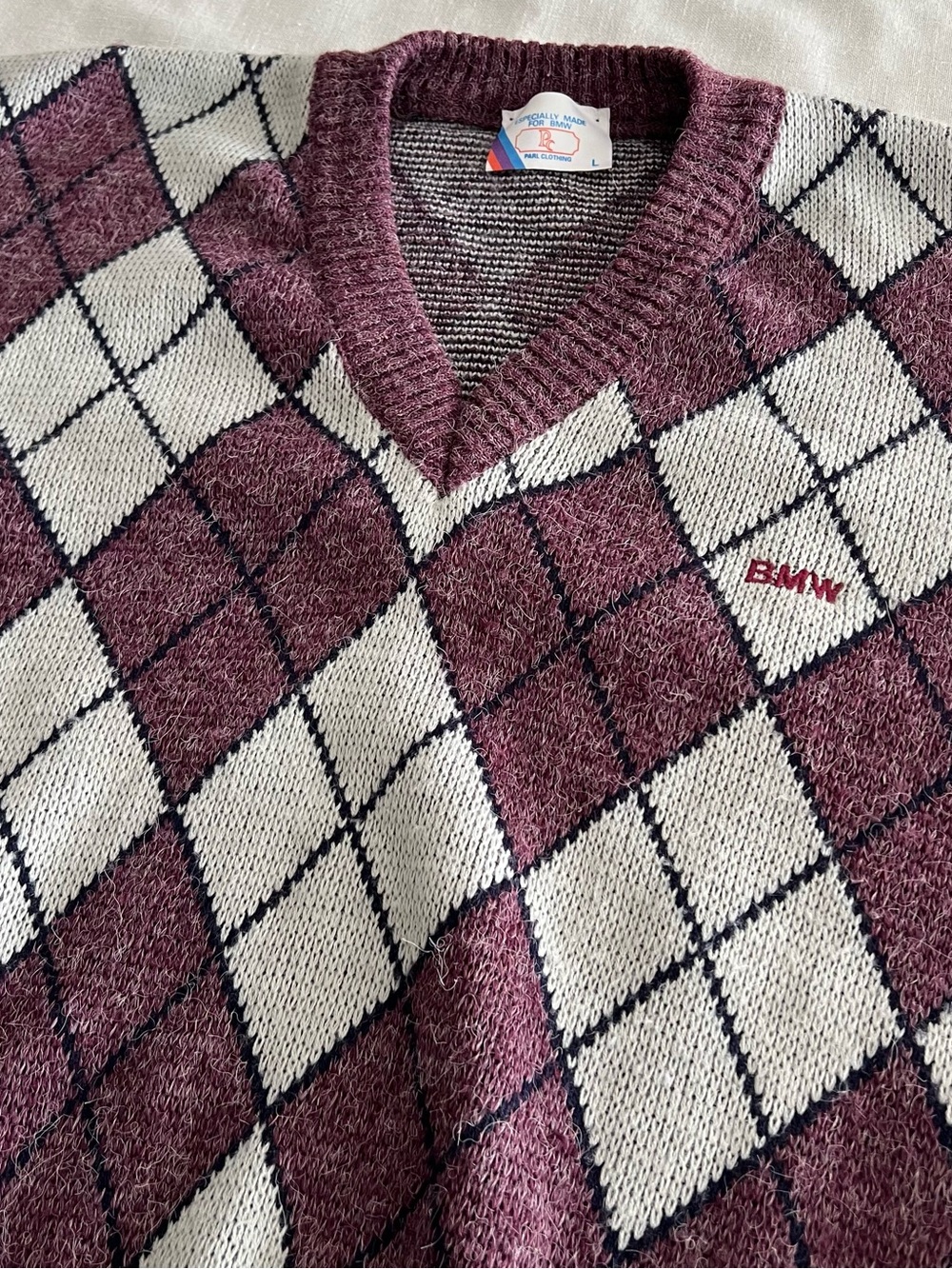 BMW Men's Burgundy and Cream Argyle V-Neck Sweater